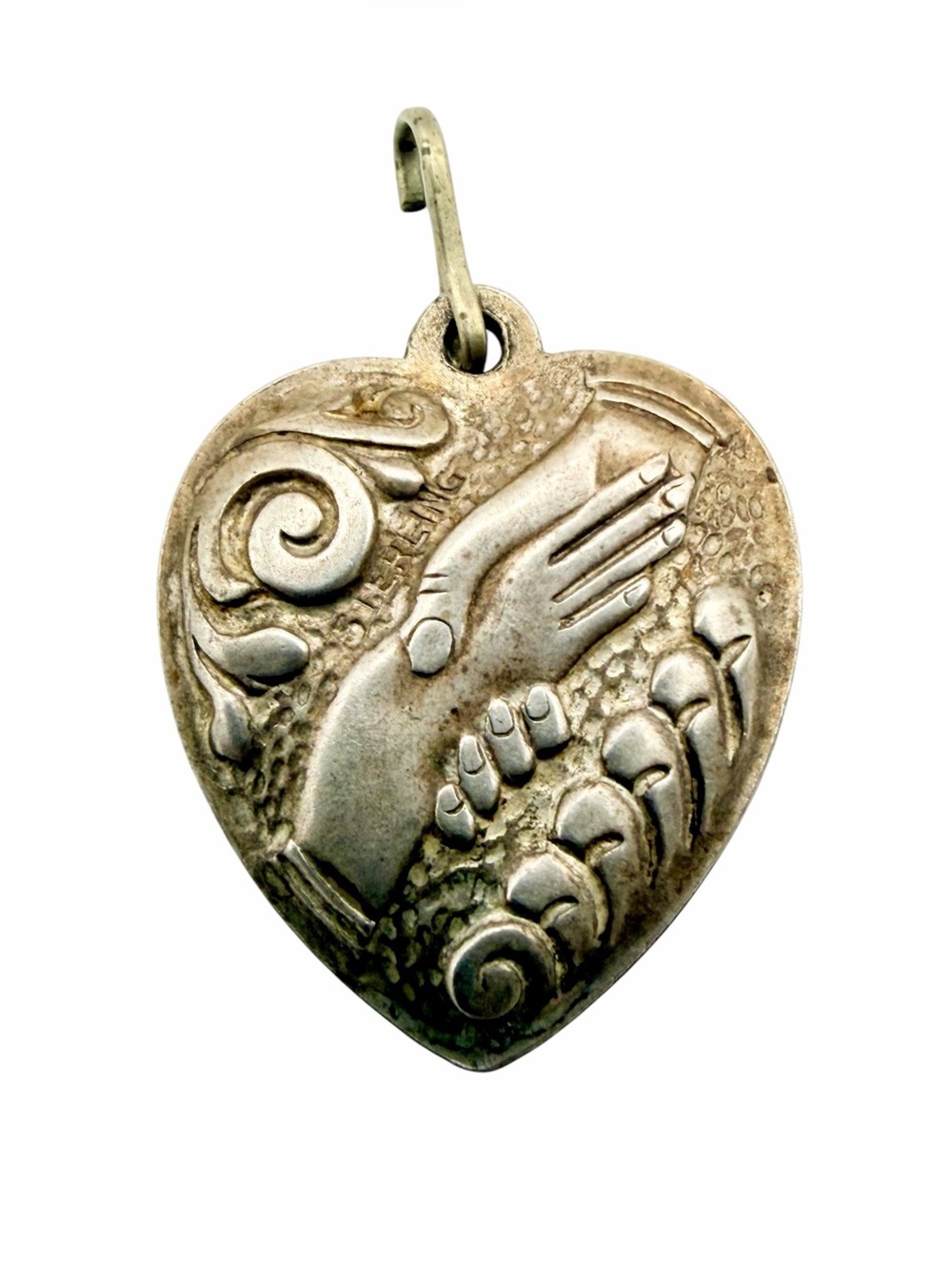 Vintage 1940s Sterling Silver Repousse Puffy Heart Handshake Fede Charm Pendant